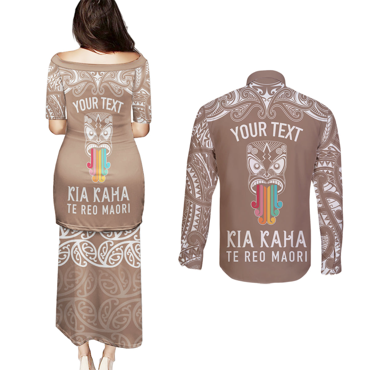 Personalised Kia Kaha Te Reo Maori Couples Matching Puletasi Dress and Long Sleeve Button Shirts Hei Tiki Mix Koru - Brown LT7 - Polynesian Pride