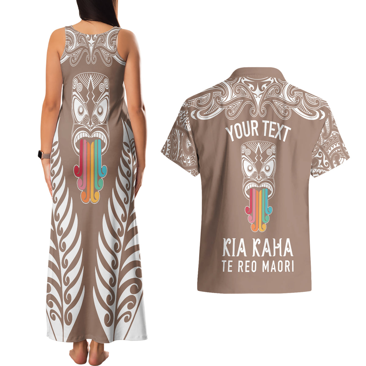 personalised-kia-kaha-te-reo-maori-couples-matching-tank-maxi-dress-and-hawaiian-shirt-hei-tiki-mix-koru-brown