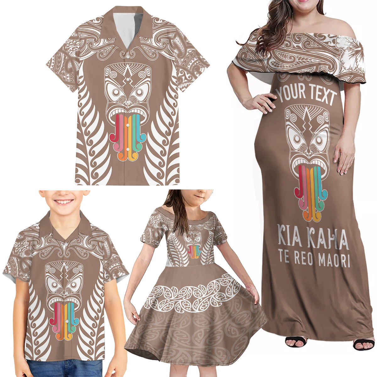 Personalised Kia Kaha Te Reo Maori Family Matching Off Shoulder Maxi Dress and Hawaiian Shirt Hei Tiki Mix Koru - Brown LT7 - Polynesian Pride