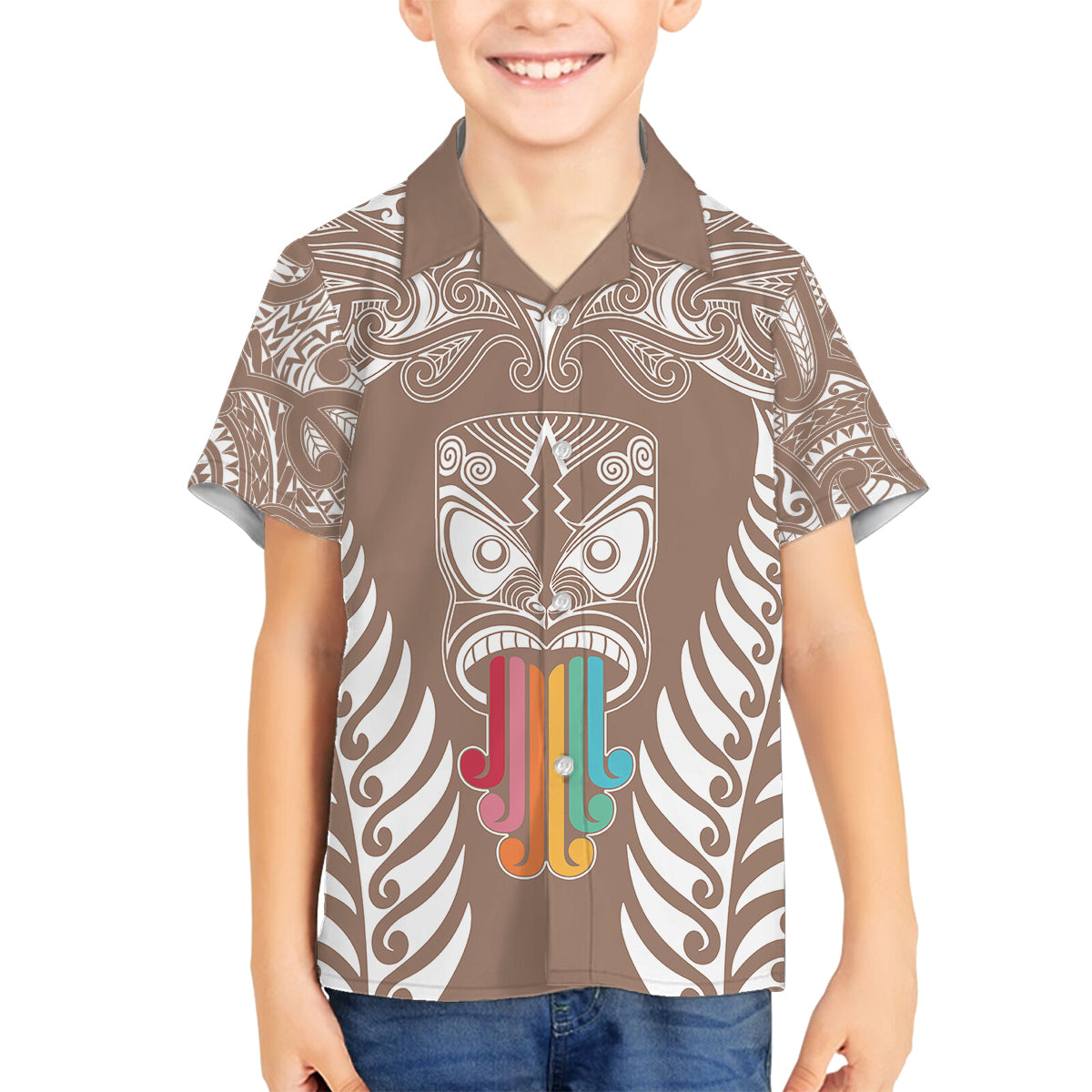 Personalised Kia Kaha Te Reo Maori Family Matching Off Shoulder Maxi Dress and Hawaiian Shirt Hei Tiki Mix Koru - Brown LT7 Son's Shirt Brown - Polynesian Pride