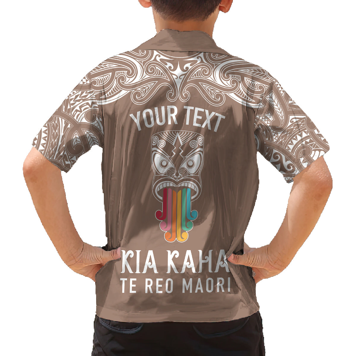 Personalised Kia Kaha Te Reo Maori Family Matching Summer Maxi Dress and Hawaiian Shirt Hei Tiki Mix Koru - Brown LT7 - Polynesian Pride