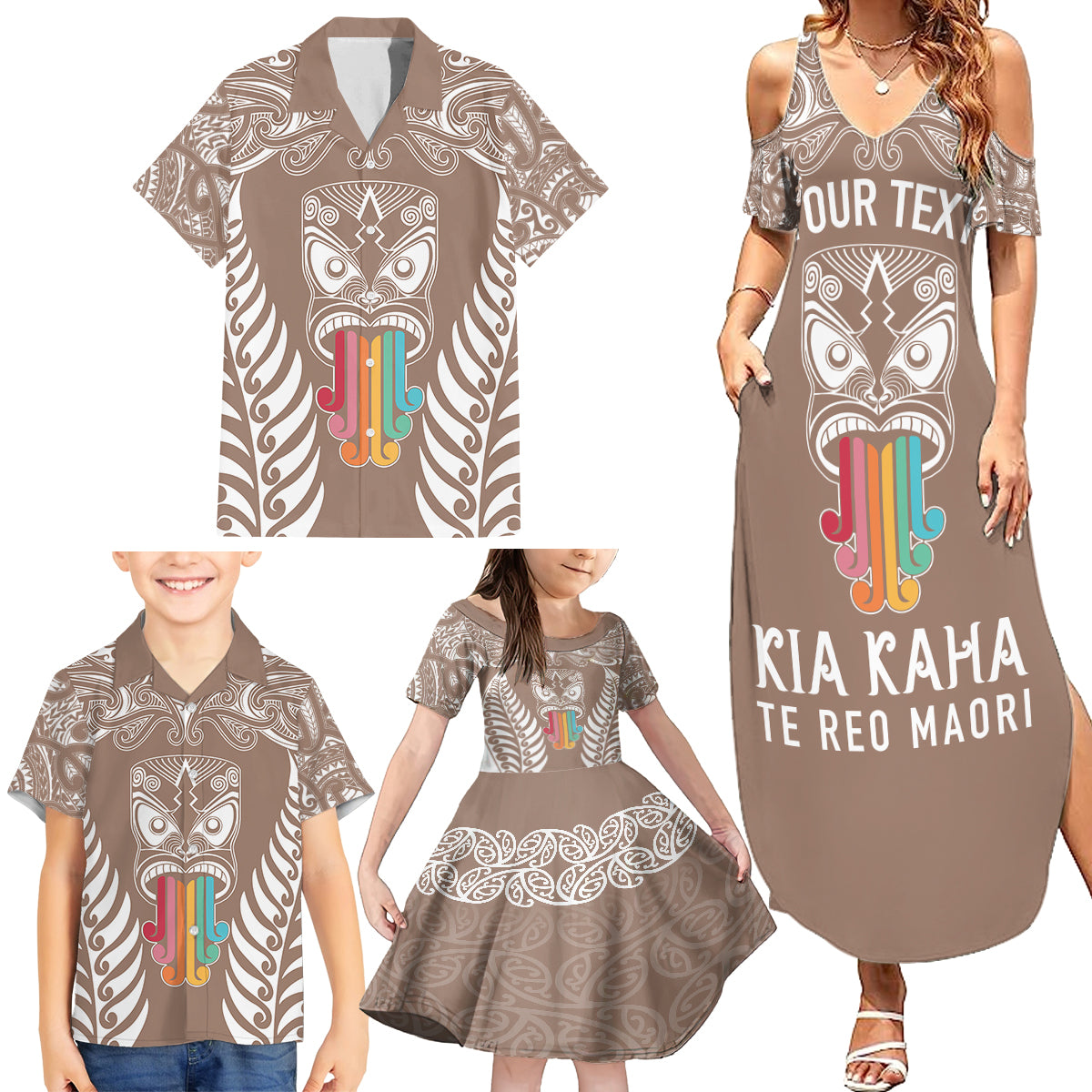 Personalised Kia Kaha Te Reo Maori Family Matching Summer Maxi Dress and Hawaiian Shirt Hei Tiki Mix Koru - Brown LT7 - Polynesian Pride