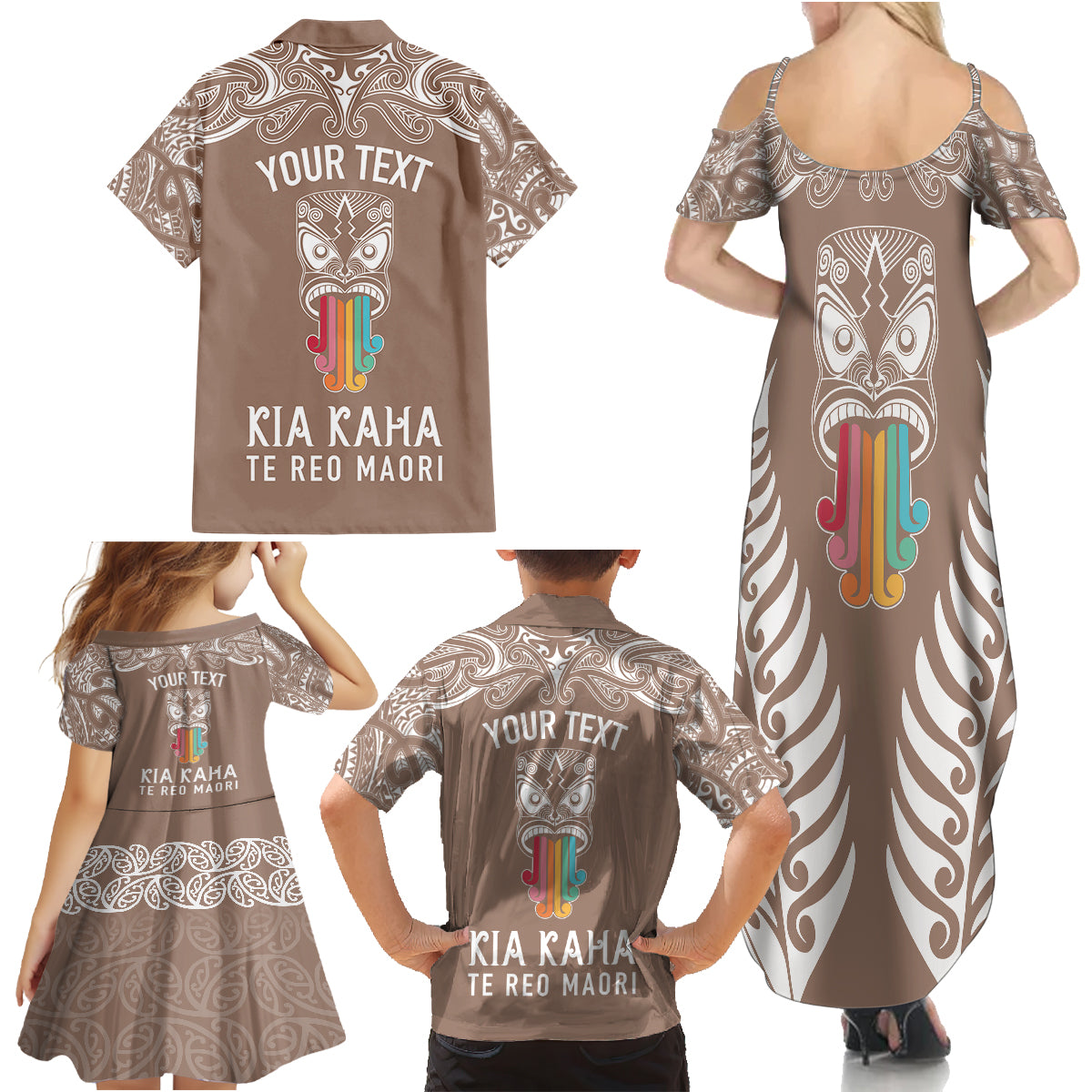 Personalised Kia Kaha Te Reo Maori Family Matching Summer Maxi Dress and Hawaiian Shirt Hei Tiki Mix Koru - Brown LT7 - Polynesian Pride
