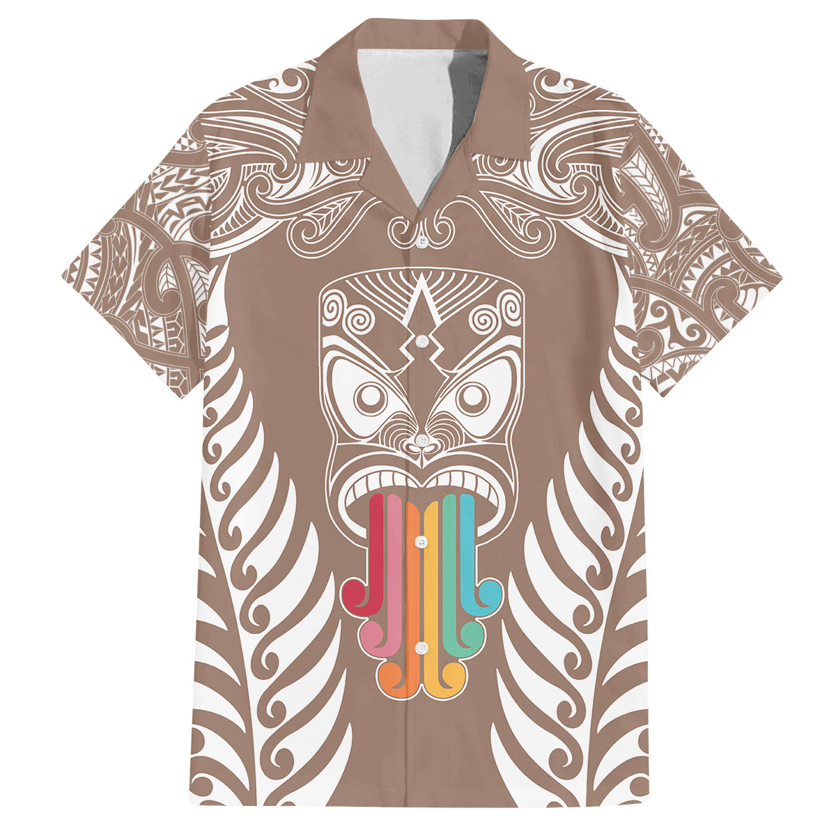 Personalised Kia Kaha Te Reo Maori Family Matching Summer Maxi Dress and Hawaiian Shirt Hei Tiki Mix Koru - Brown LT7 Dad's Shirt - Short Sleeve Brown - Polynesian Pride