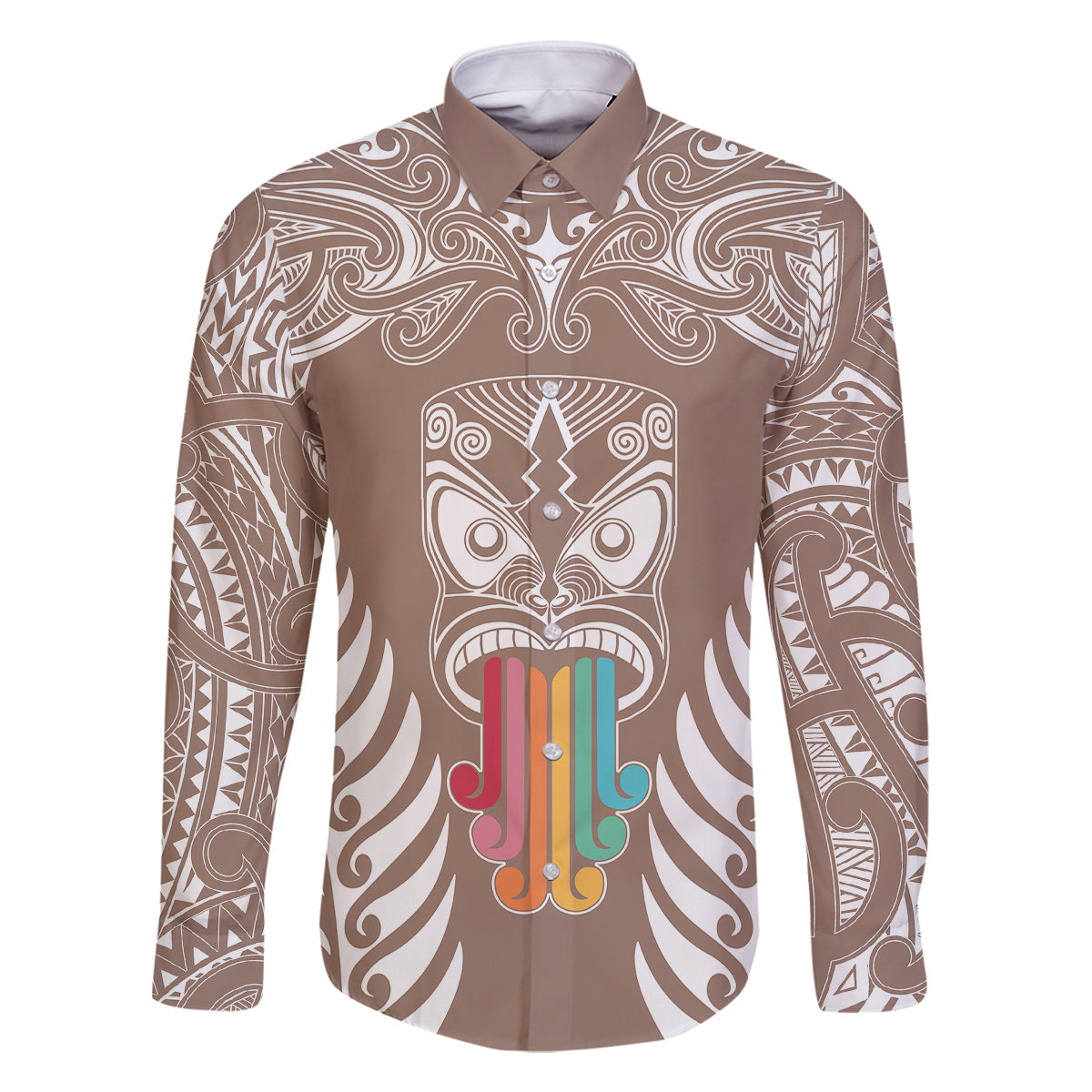 Personalised Kia Kaha Te Reo Maori Family Matching Summer Maxi Dress and Hawaiian Shirt Hei Tiki Mix Koru - Brown LT7 Dad's Shirt - Long Sleeve Brown - Polynesian Pride