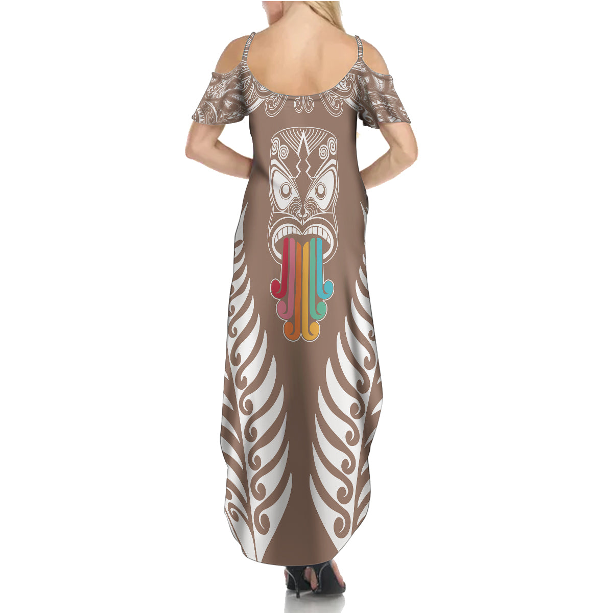 Personalised Kia Kaha Te Reo Maori Family Matching Summer Maxi Dress and Hawaiian Shirt Hei Tiki Mix Koru - Brown LT7 - Polynesian Pride