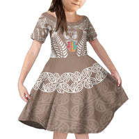 Personalised Kia Kaha Te Reo Maori Family Matching Tank Maxi Dress and Hawaiian Shirt Hei Tiki Mix Koru - Brown LT7 Daughter's Dress Brown - Polynesian Pride