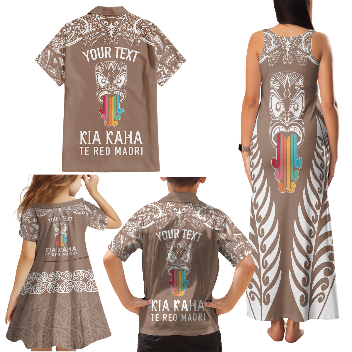 Personalised Kia Kaha Te Reo Maori Family Matching Tank Maxi Dress and Hawaiian Shirt Hei Tiki Mix Koru - Brown LT7 - Polynesian Pride
