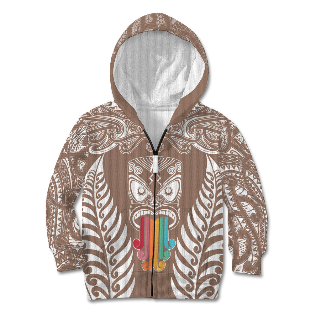Personalised Kia Kaha Te Reo Maori Kid Hoodie Hei Tiki Mix Koru - Brown LT7 Zip Hoodie Brown - Polynesian Pride