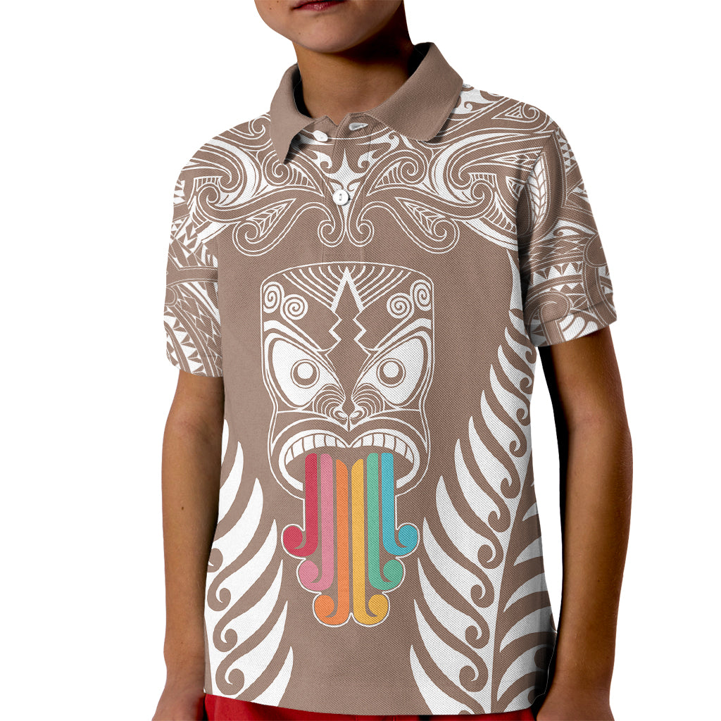 Personalised Kia Kaha Te Reo Maori Kid Polo Shirt Hei Tiki Mix Koru - Brown LT7 Kid Brown - Polynesian Pride