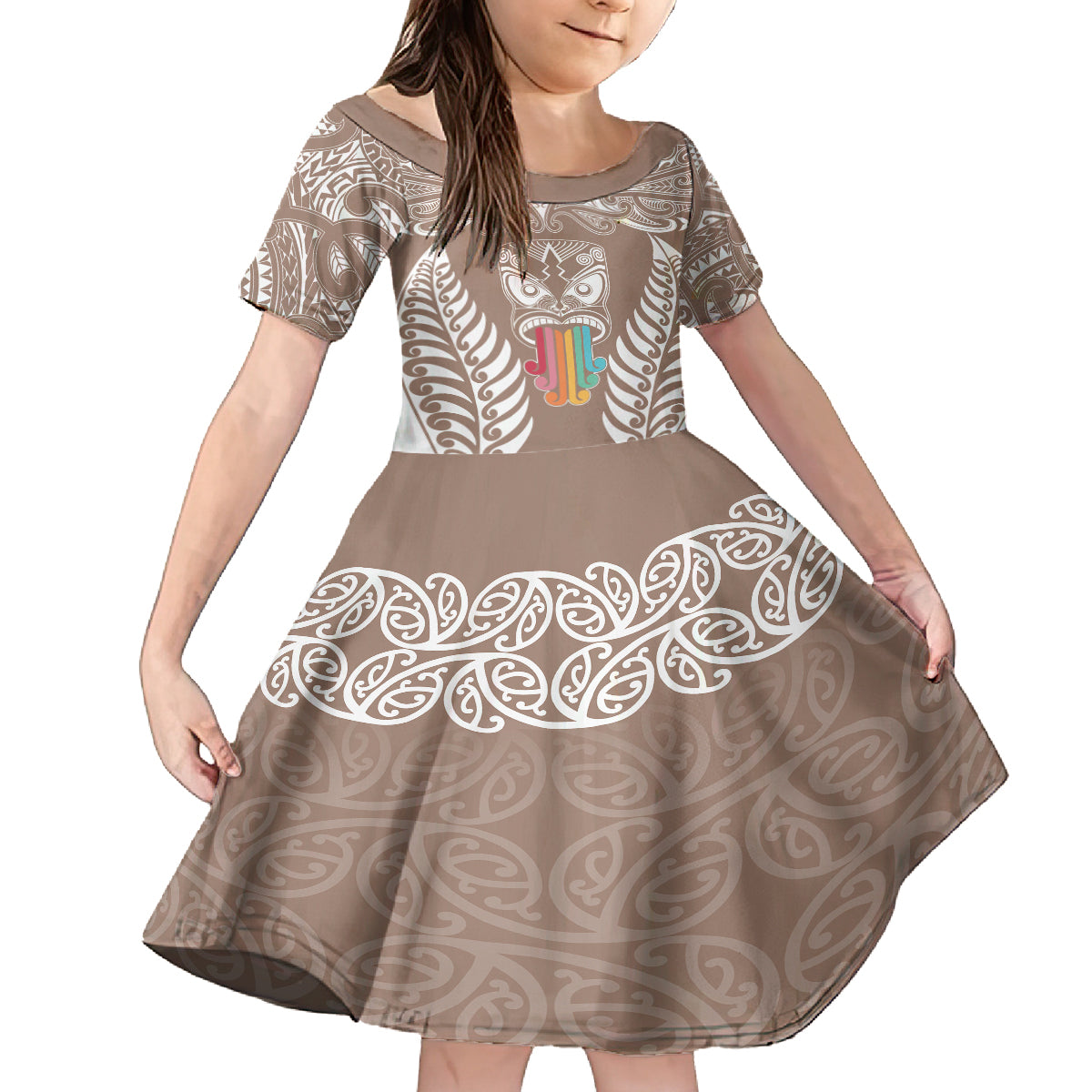 Personalised Kia Kaha Te Reo Maori Kid Short Sleeve Dress Hei Tiki Mix Koru - Brown LT7 KID Brown - Polynesian Pride