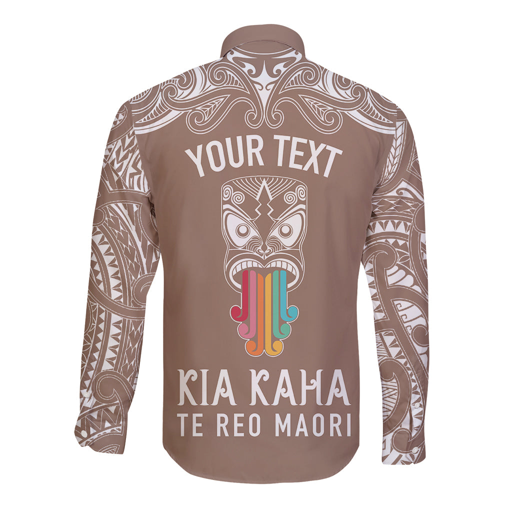 personalised-kia-kaha-te-reo-maori-long-sleeve-button-shirt-hei-tiki-mix-koru-brown