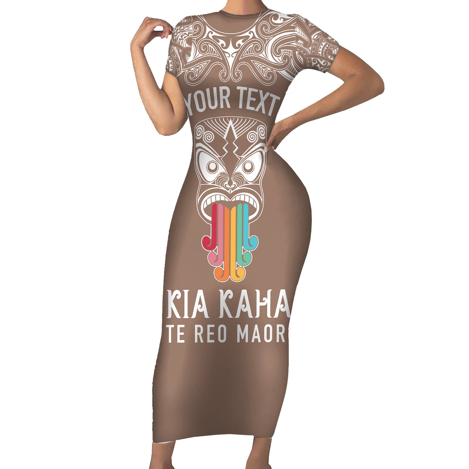 personalised-kia-kaha-te-reo-maori-short-sleeve-bodycon-dress-hei-tiki-mix-koru-brown