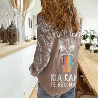 Personalised Kia Kaha Te Reo Maori Women Casual Shirt Hei Tiki Mix Koru - Brown LT7 - Polynesian Pride