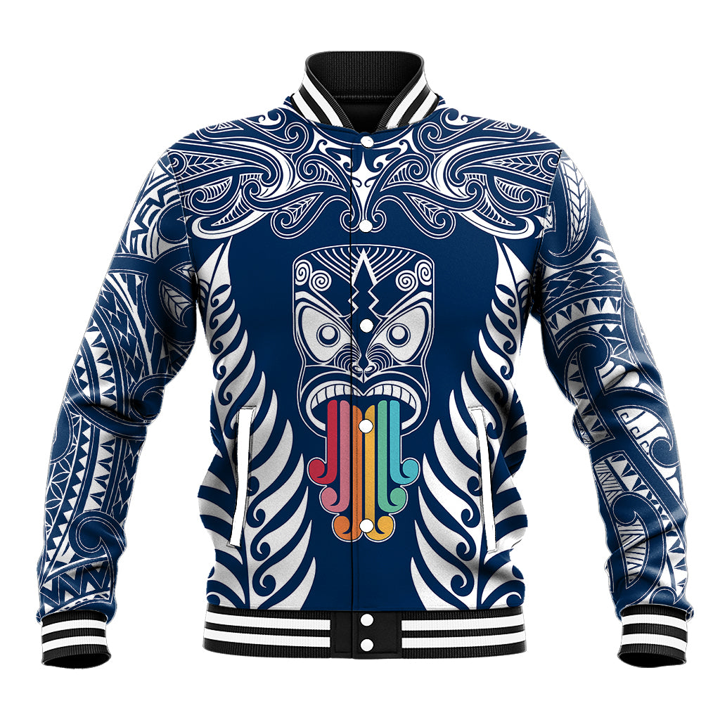 Personalised Kia Kaha Te Reo Maori Baseball Jacket Hei Tiki Mix Koru - Navy Blue LT7 Unisex Navy - Polynesian Pride