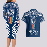 Personalised Kia Kaha Te Reo Maori Couples Matching Long Sleeve Bodycon Dress and Hawaiian Shirt Hei Tiki Mix Koru - Navy Blue LT7 - Polynesian Pride