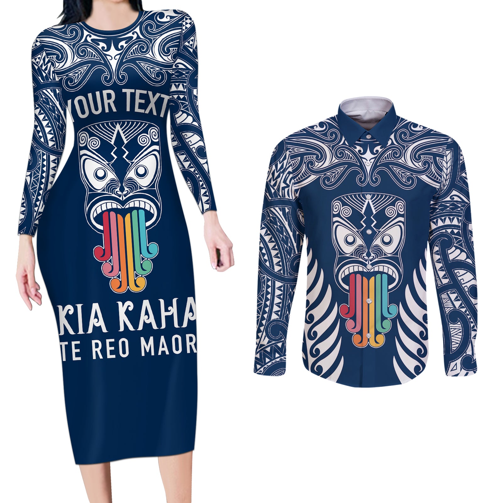 Personalised Kia Kaha Te Reo Maori Couples Matching Long Sleeve Bodycon Dress and Long Sleeve Button Shirts Hei Tiki Mix Koru - Navy Blue LT7 Navy - Polynesian Pride
