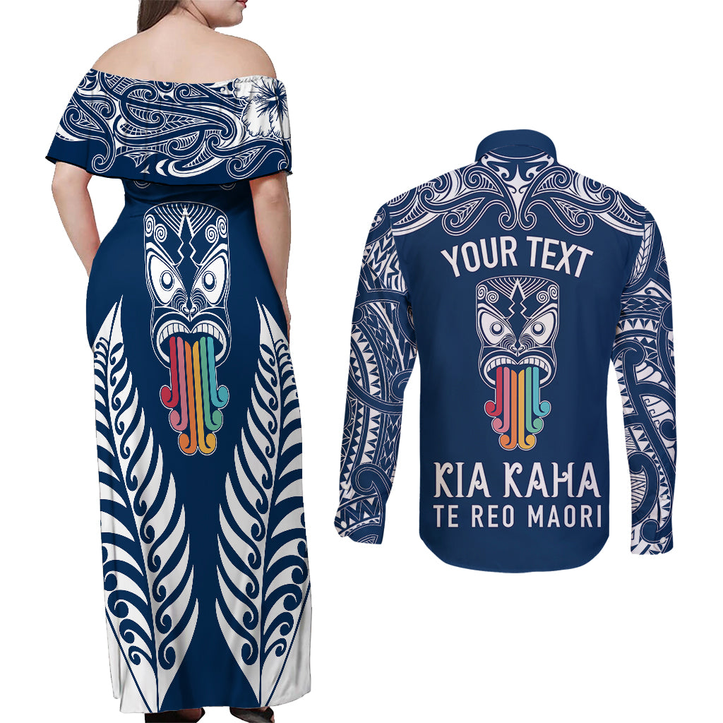 personalised-kia-kaha-te-reo-maori-couples-matching-off-shoulder-maxi-dress-and-long-sleeve-button-shirts-hei-tiki-mix-koru-navy-blue