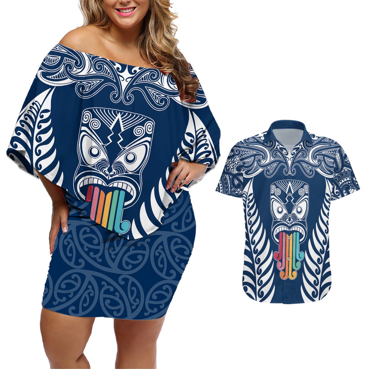 Personalised Kia Kaha Te Reo Maori Couples Matching Off Shoulder Short Dress and Hawaiian Shirt Hei Tiki Mix Koru - Navy Blue LT7 Navy - Polynesian Pride