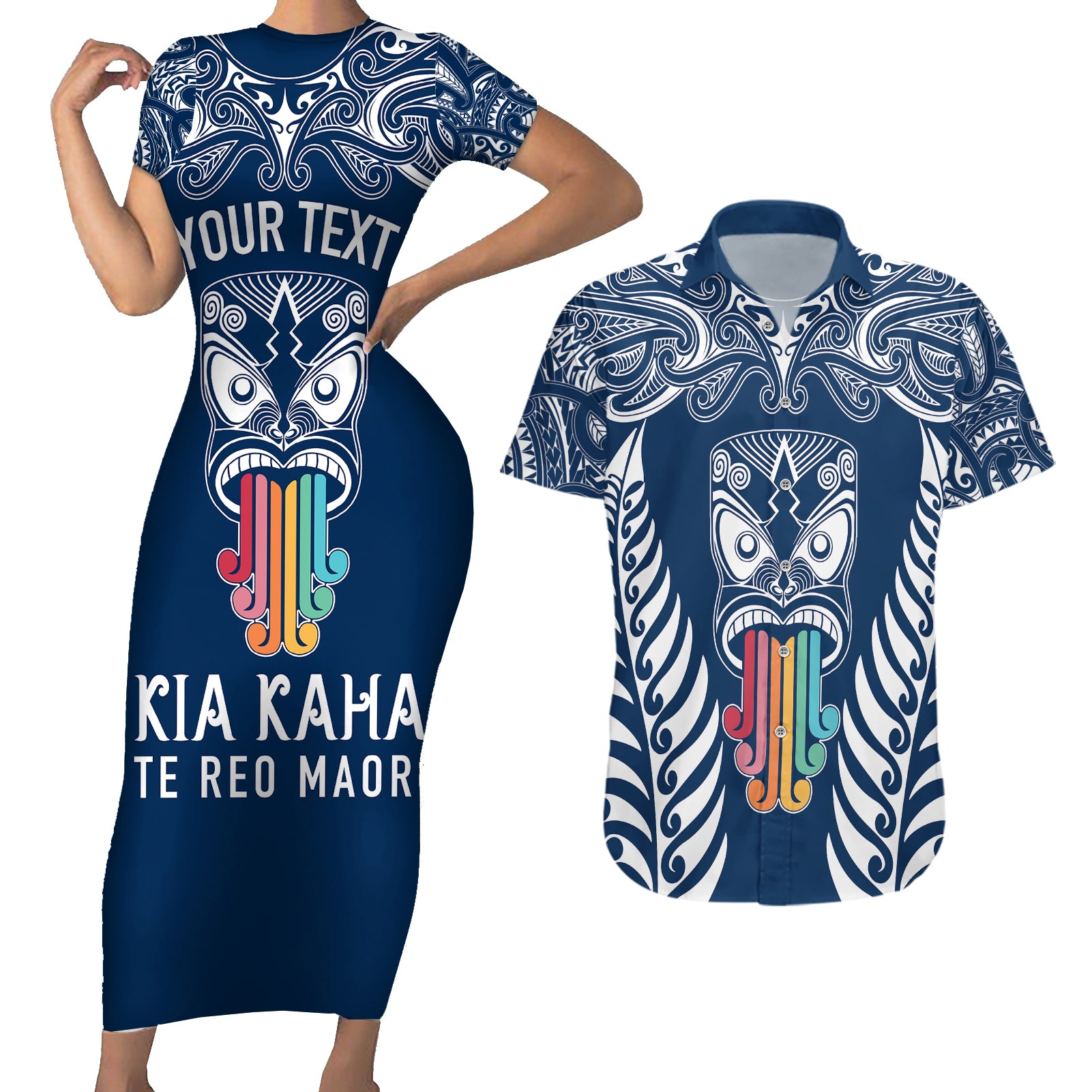 personalised-kia-kaha-te-reo-maori-couples-matching-short-sleeve-bodycon-dress-and-hawaiian-shirt-hei-tiki-mix-koru-navy-blue