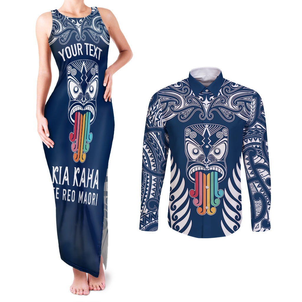 Personalised Kia Kaha Te Reo Maori Couples Matching Tank Maxi Dress and Long Sleeve Button Shirts Hei Tiki Mix Koru - Navy Blue LT7 Navy - Polynesian Pride