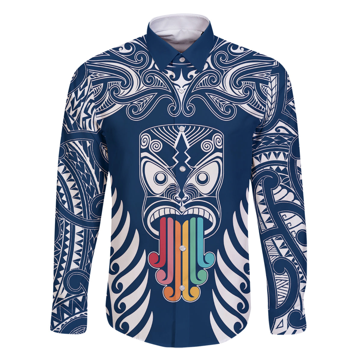 personalised-kia-kaha-te-reo-maori-family-matching-off-shoulder-long-sleeve-dress-and-hawaiian-shirt-hei-tiki-mix-koru-navy-blue