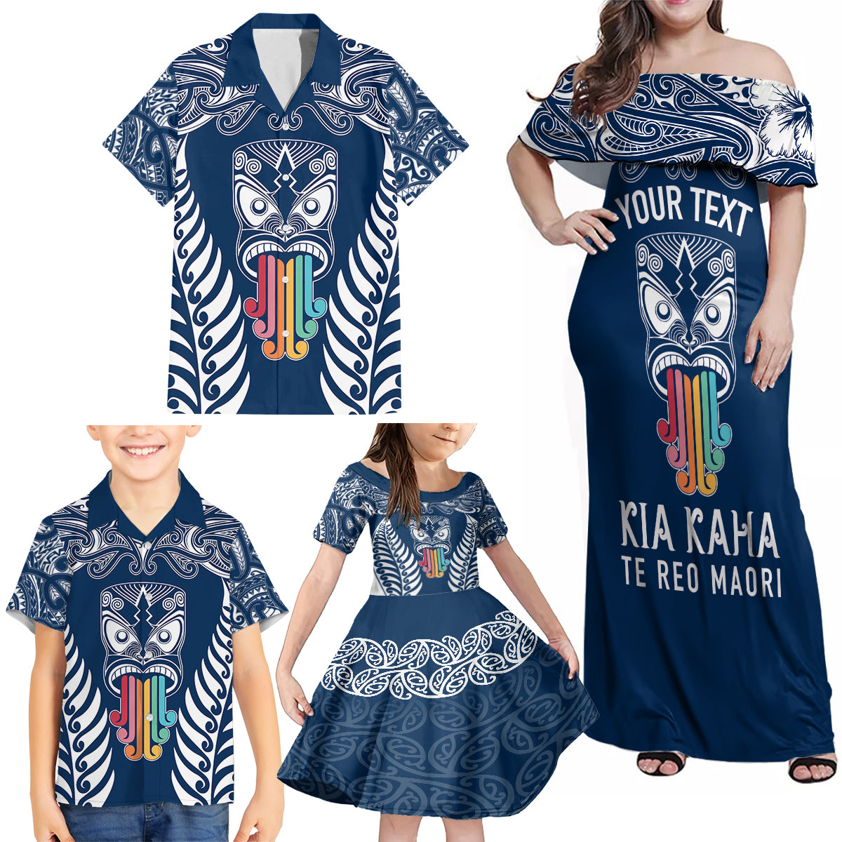 Personalised Kia Kaha Te Reo Maori Family Matching Off Shoulder Maxi Dress and Hawaiian Shirt Hei Tiki Mix Koru - Navy Blue LT7 - Polynesian Pride