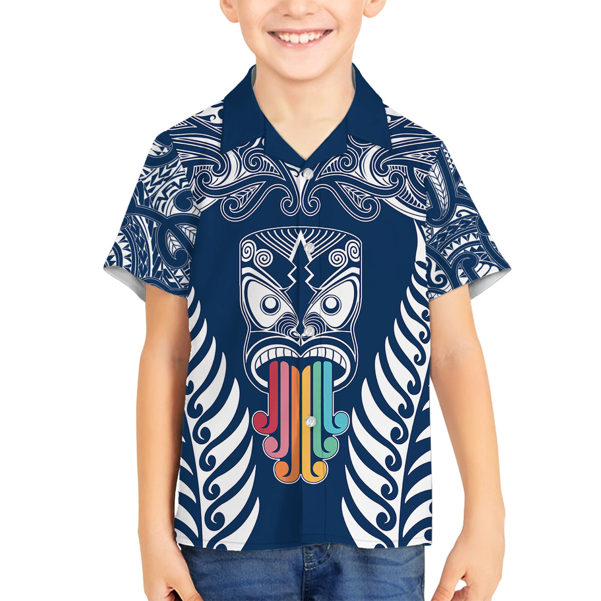 Personalised Kia Kaha Te Reo Maori Family Matching Off Shoulder Maxi Dress and Hawaiian Shirt Hei Tiki Mix Koru - Navy Blue LT7 Son's Shirt Navy - Polynesian Pride