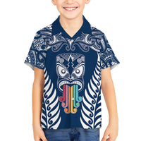 Personalised Kia Kaha Te Reo Maori Family Matching Off Shoulder Maxi Dress and Hawaiian Shirt Hei Tiki Mix Koru - Navy Blue LT7 Son's Shirt Navy - Polynesian Pride