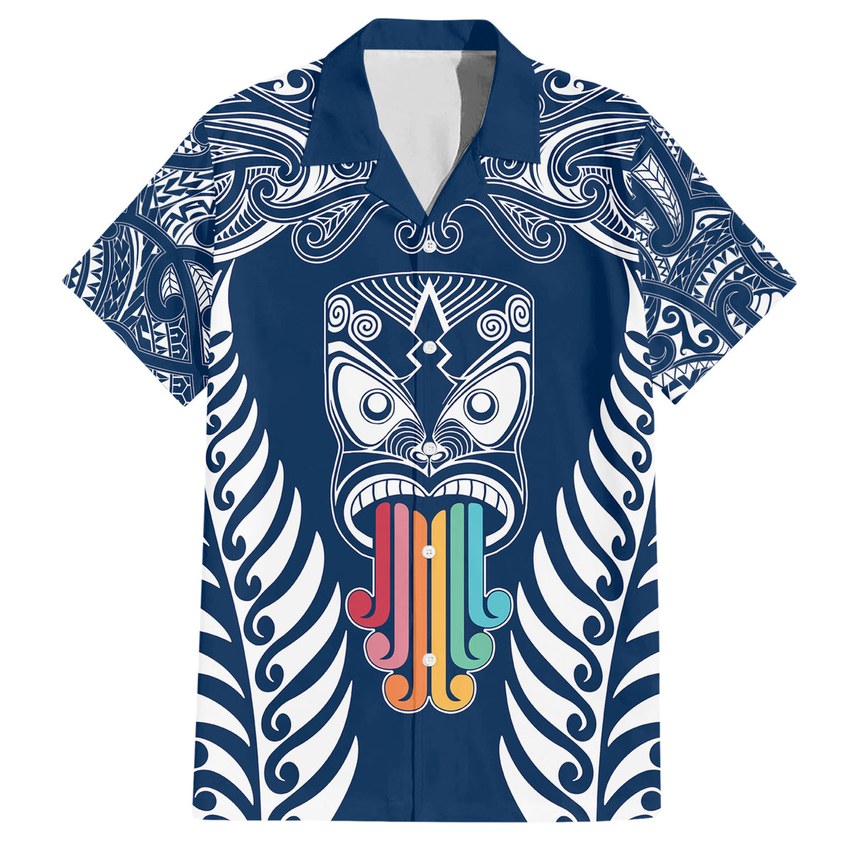 personalised-kia-kaha-te-reo-maori-family-matching-short-sleeve-bodycon-dress-and-hawaiian-shirt-hei-tiki-mix-koru-navy-blue