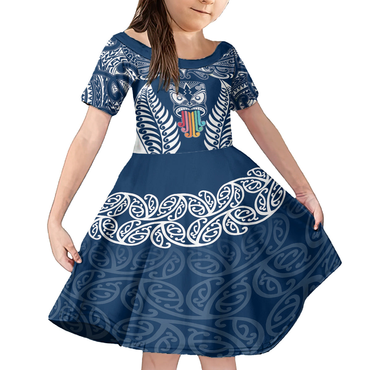 Personalised Kia Kaha Te Reo Maori Family Matching Summer Maxi Dress and Hawaiian Shirt Hei Tiki Mix Koru - Navy Blue LT7 Daughter's Dress Navy - Polynesian Pride