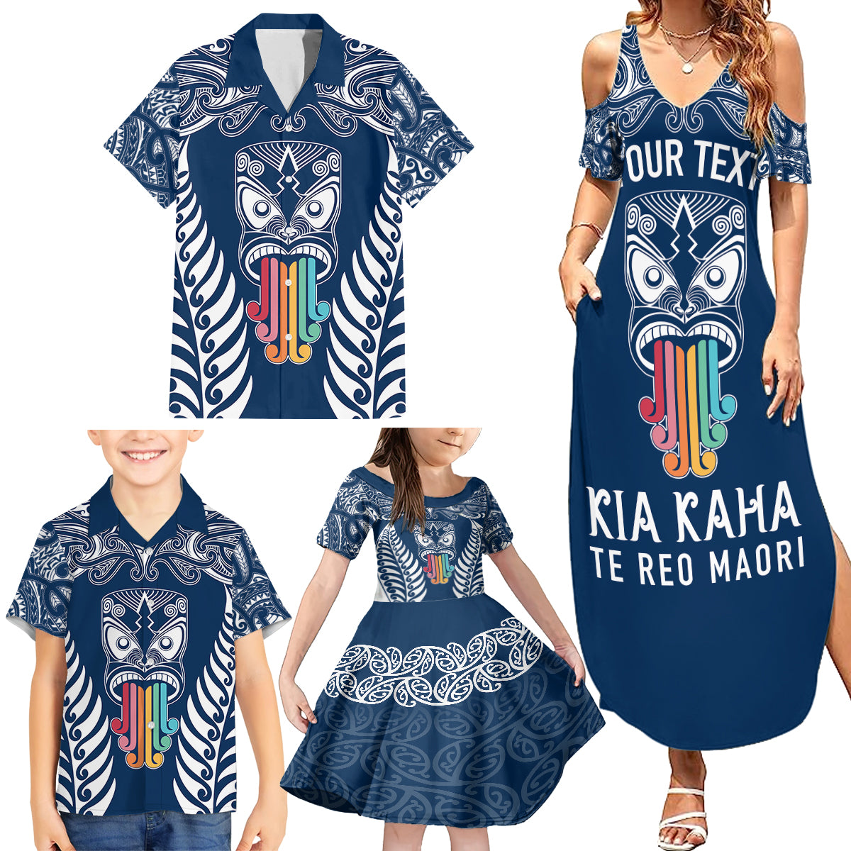 Personalised Kia Kaha Te Reo Maori Family Matching Summer Maxi Dress and Hawaiian Shirt Hei Tiki Mix Koru - Navy Blue LT7 - Polynesian Pride
