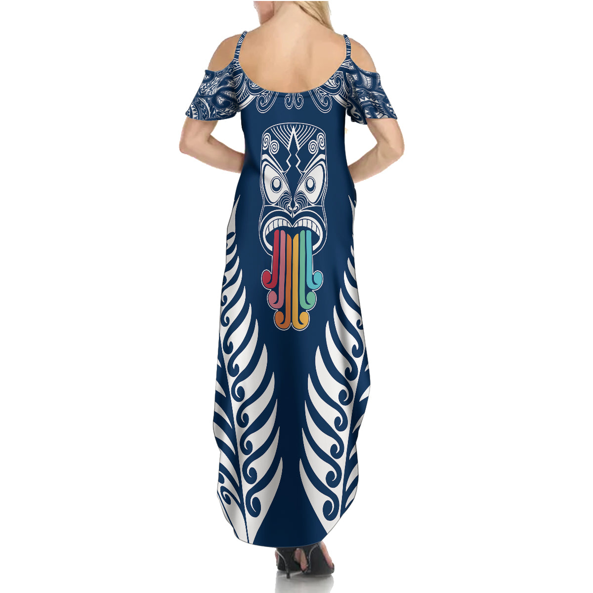 Personalised Kia Kaha Te Reo Maori Family Matching Summer Maxi Dress and Hawaiian Shirt Hei Tiki Mix Koru - Navy Blue LT7 - Polynesian Pride