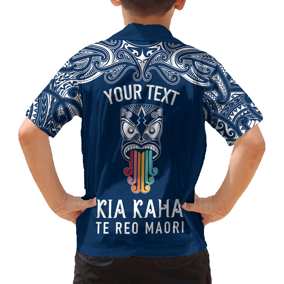 Personalised Kia Kaha Te Reo Maori Family Matching Tank Maxi Dress and Hawaiian Shirt Hei Tiki Mix Koru - Navy Blue LT7 - Polynesian Pride