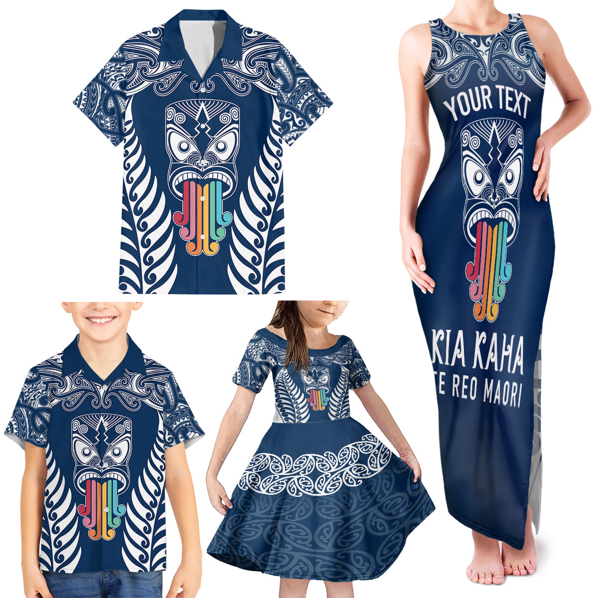 Personalised Kia Kaha Te Reo Maori Family Matching Tank Maxi Dress and Hawaiian Shirt Hei Tiki Mix Koru - Navy Blue LT7 - Polynesian Pride
