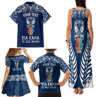Personalised Kia Kaha Te Reo Maori Family Matching Tank Maxi Dress and Hawaiian Shirt Hei Tiki Mix Koru - Navy Blue LT7 - Polynesian Pride