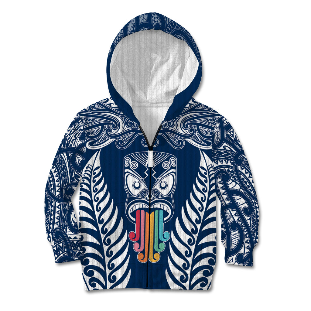 Personalised Kia Kaha Te Reo Maori Kid Hoodie Hei Tiki Mix Koru - Navy Blue LT7 Zip Hoodie Navy - Polynesian Pride