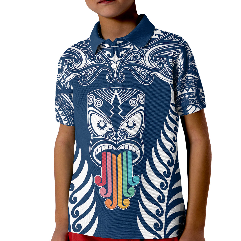 Personalised Kia Kaha Te Reo Maori Kid Polo Shirt Hei Tiki Mix Koru - Navy Blue LT7 Kid Navy - Polynesian Pride