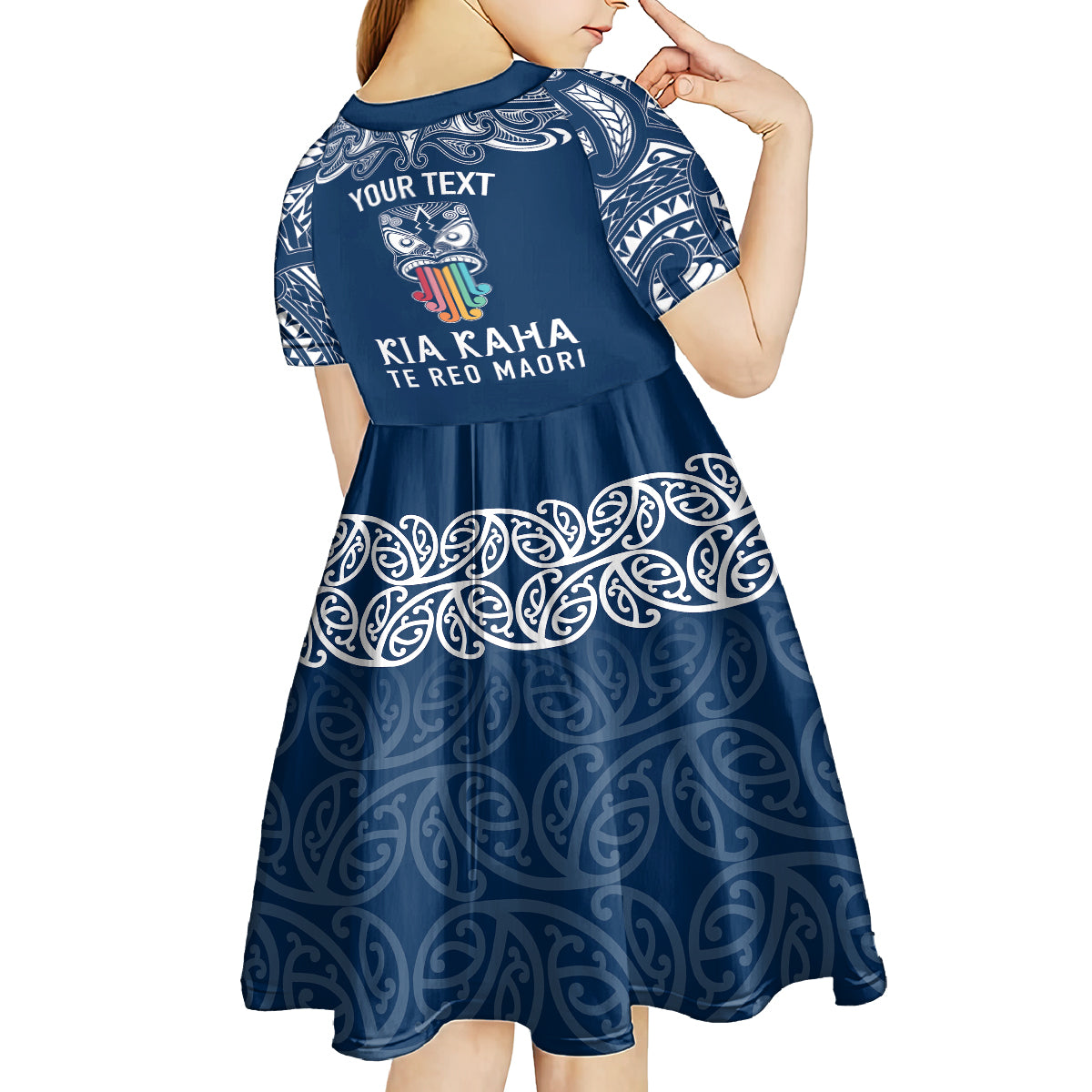 Personalised Kia Kaha Te Reo Maori Kid Short Sleeve Dress Hei Tiki Mix Koru - Navy Blue LT7 - Polynesian Pride