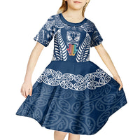 Personalised Kia Kaha Te Reo Maori Kid Short Sleeve Dress Hei Tiki Mix Koru - Navy Blue LT7 - Polynesian Pride