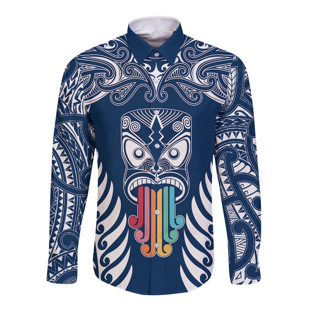 personalised-kia-kaha-te-reo-maori-long-sleeve-button-shirt-hei-tiki-mix-koru-navy-blue