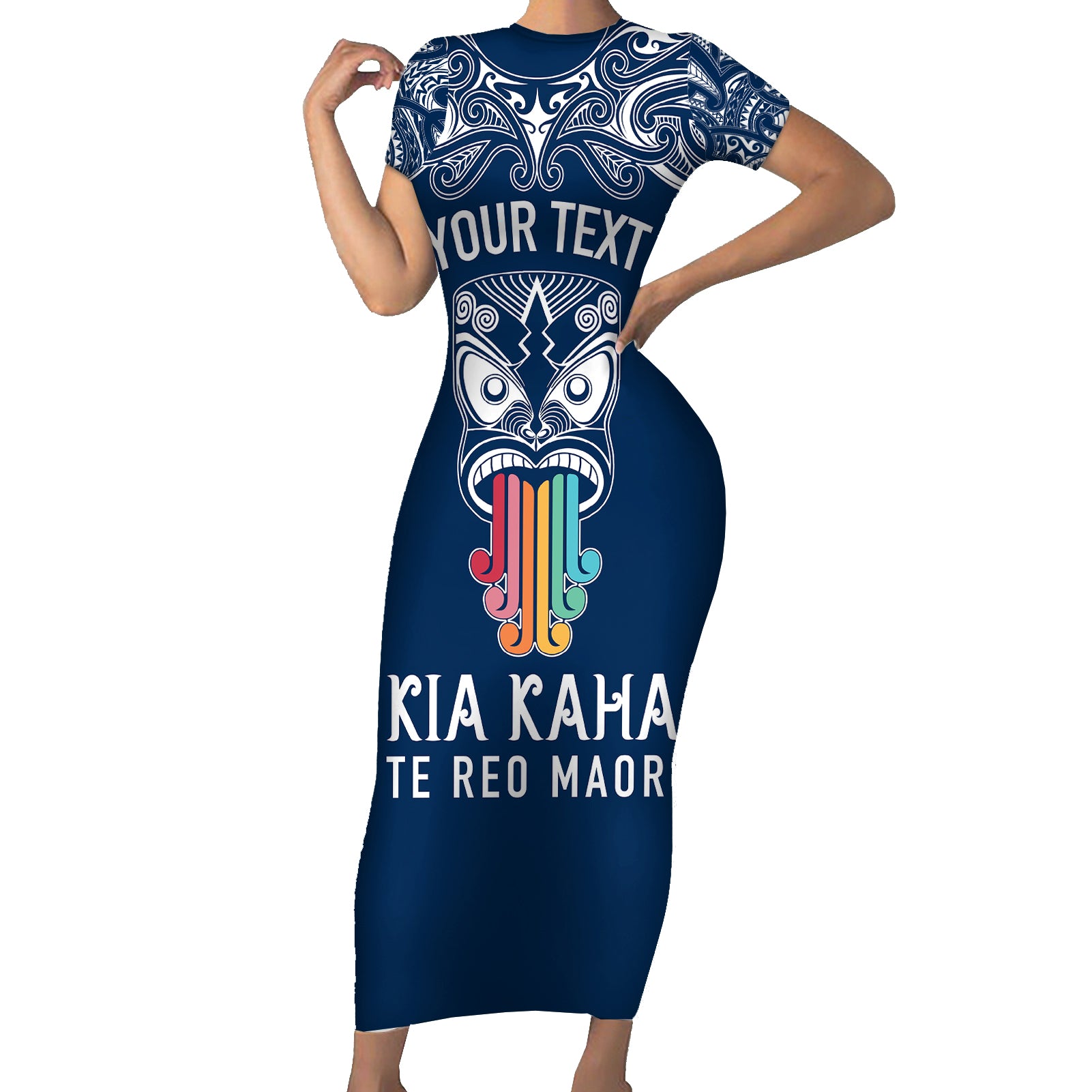 personalised-kia-kaha-te-reo-maori-short-sleeve-bodycon-dress-hei-tiki-mix-koru-navy-blue