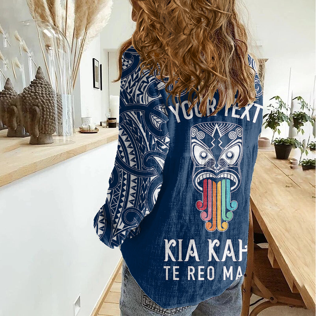 Personalised Kia Kaha Te Reo Maori Women Casual Shirt Hei Tiki Mix Koru - Navy Blue LT7 - Polynesian Pride