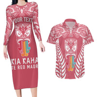 Personalised Kia Kaha Te Reo Maori Couples Matching Long Sleeve Bodycon Dress and Hawaiian Shirt Hei Tiki Mix Koru - Pink LT7 Pink - Polynesian Pride