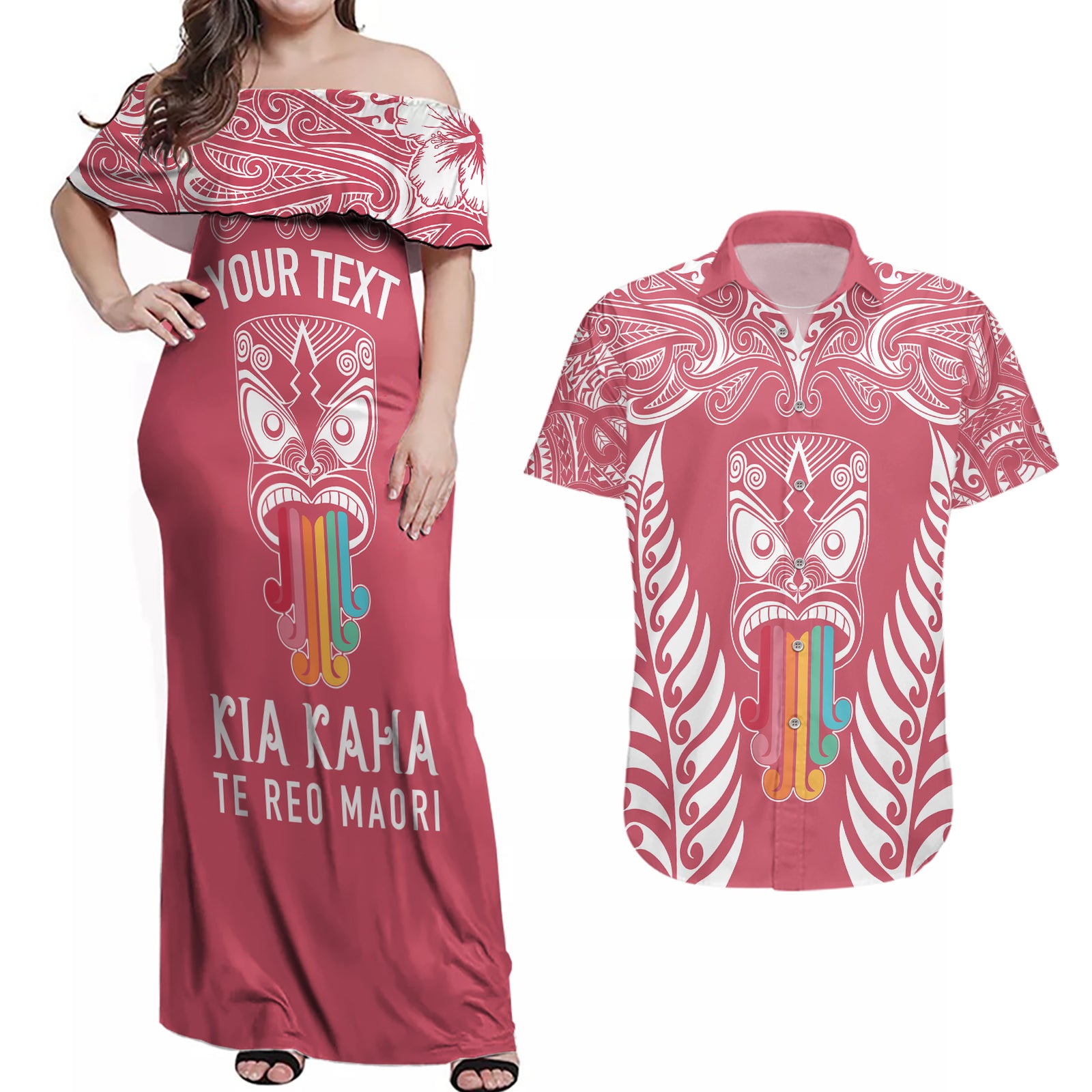 personalised-kia-kaha-te-reo-maori-couples-matching-off-shoulder-maxi-dress-and-hawaiian-shirt-hei-tiki-mix-koru-pink