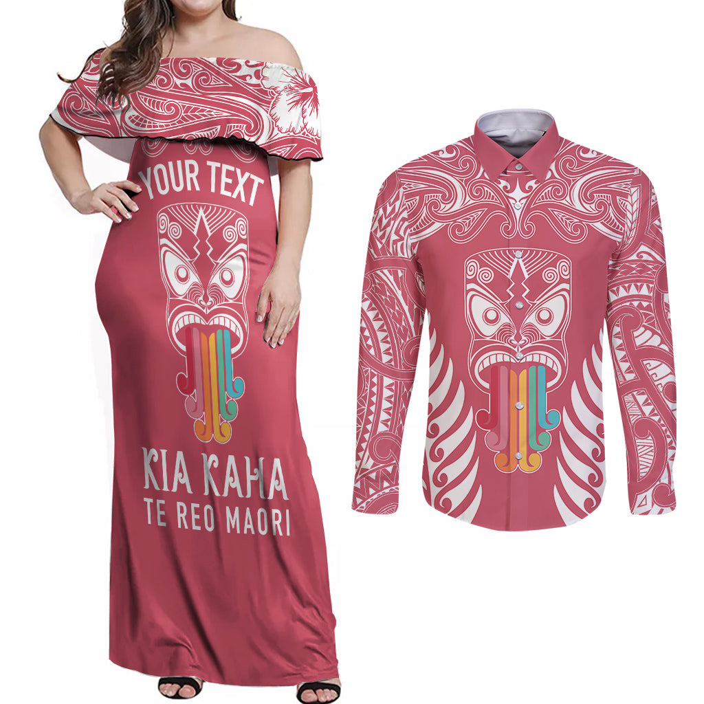 Personalised Kia Kaha Te Reo Maori Couples Matching Off Shoulder Maxi Dress and Long Sleeve Button Shirts Hei Tiki Mix Koru - Pink LT7 Pink - Polynesian Pride