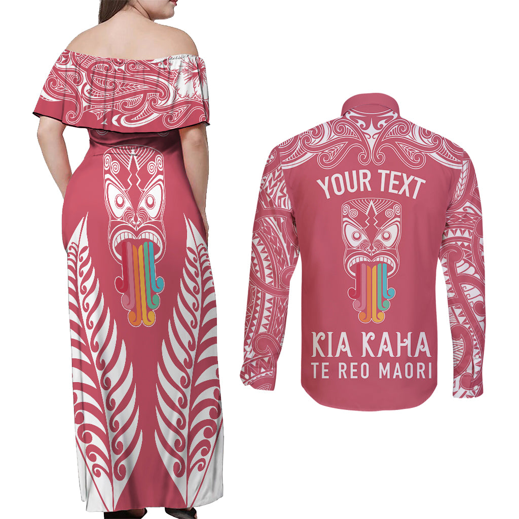 Personalised Kia Kaha Te Reo Maori Couples Matching Off Shoulder Maxi Dress and Long Sleeve Button Shirts Hei Tiki Mix Koru - Pink LT7 - Polynesian Pride