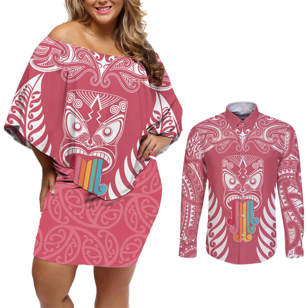 Personalised Kia Kaha Te Reo Maori Couples Matching Off Shoulder Short Dress and Long Sleeve Button Shirts Hei Tiki Mix Koru - Pink LT7 Pink - Polynesian Pride