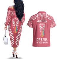 personalised-kia-kaha-te-reo-maori-couples-matching-off-the-shoulder-long-sleeve-dress-and-hawaiian-shirt-hei-tiki-mix-koru-pink