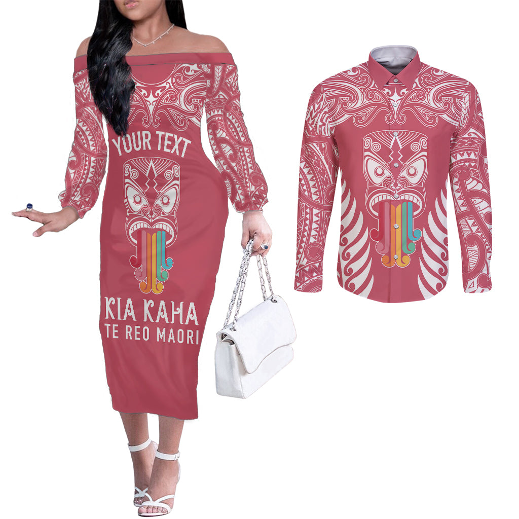 personalised-kia-kaha-te-reo-maori-couples-matching-off-the-shoulder-long-sleeve-dress-and-long-sleeve-button-shirts-hei-tiki-mix-koru-pink